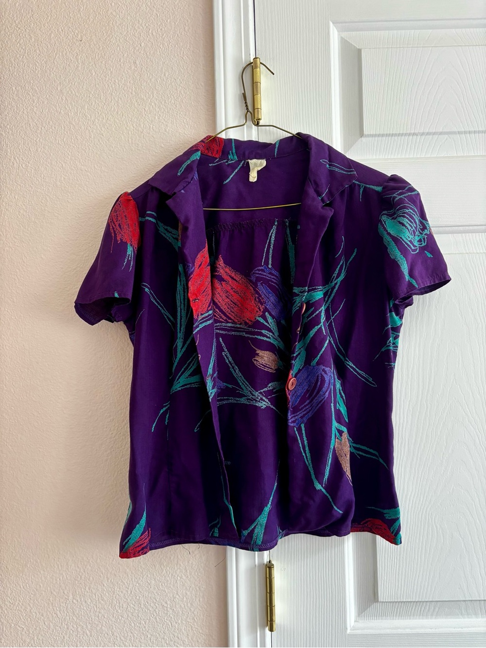 Vintage Purple Floral Short Sleeve Button Top